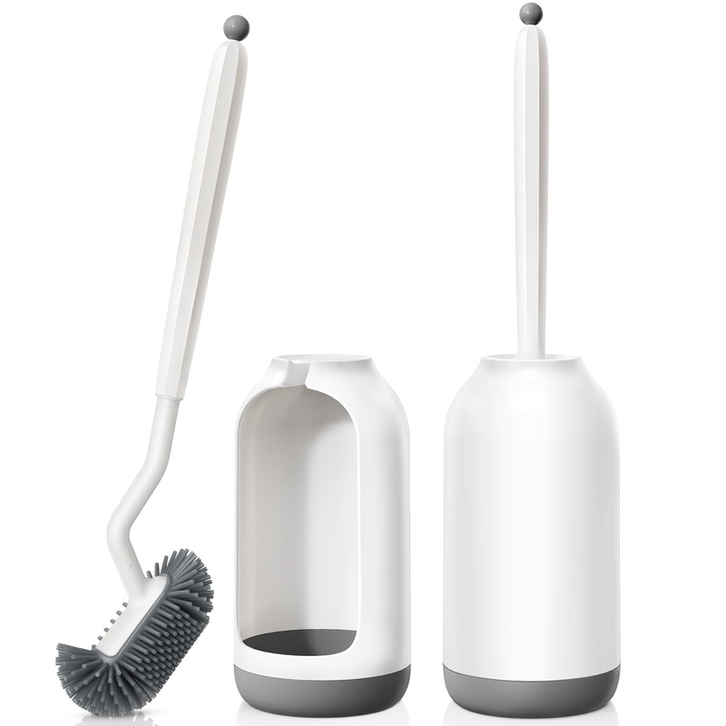 Toilet Bowl Brush Holder Set: Deep Cleaning Silicone Toilet Cleaner Scrubber Under Rim with Curved Bristle for Bathroom Dead Corner Clean – Modern Rv Toilet Decorative Accessories – White 2Pack White