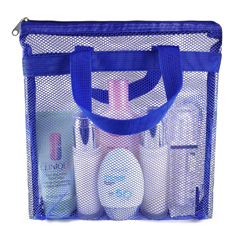 1 Pcs Portable Shower Mesh Caddy Bag Quick Dry Hanging Toiletry and Bath Organizer for Travel and Swimming with Zipper (Dark Blue)