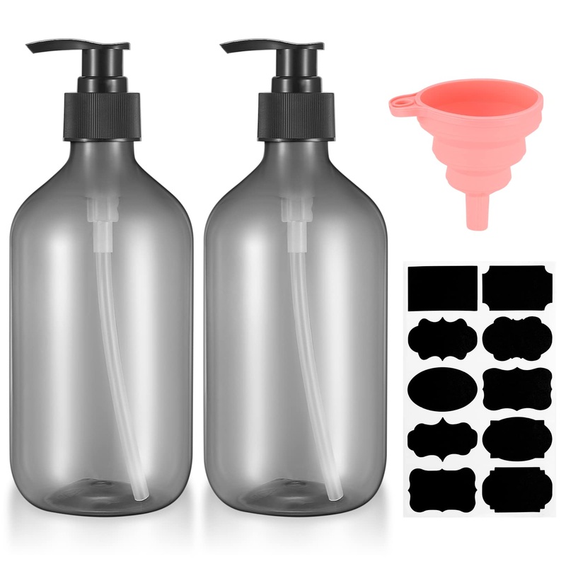 2 pieces 500 ml of shampoo bottles for filling shower gel bottle empty refillable pumping soap donor plastic for lotions shampoos with funnels labels (brown)