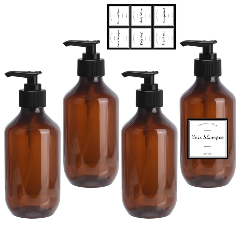 4 pieces of empty shampoo bottles 300 ml of soap pump bottle dispenser refillable lotion bottle with 6 waterproof labels brown empty empty press pumping for lotion shampoo