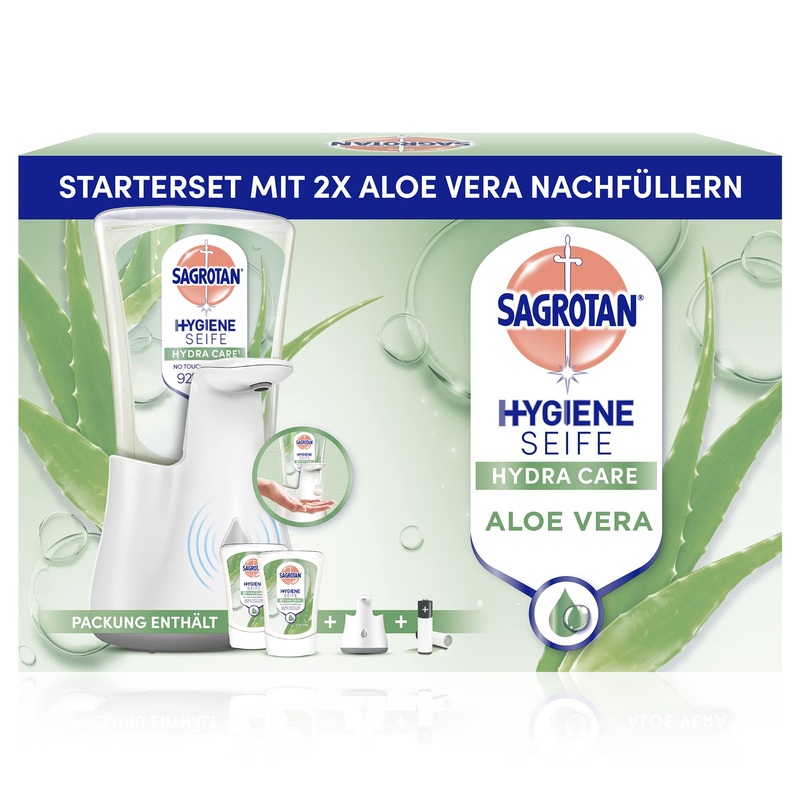 Sagrotan No-Touch Automatic Soap Dispenser White Bulk Pack Incl. Sagrotan Refills Aloe Vera 2 x 250 ml Liquid Soap