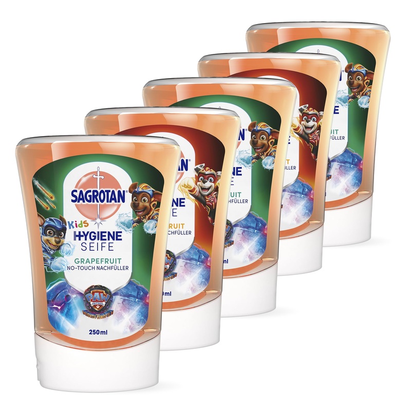 Sagrotan No-Touch Kids Fuller Grapefruit-Paw Patrol Edition-for automatic soap dispensers-5 x 250 ml hand soap in a practical benefit pack grapefruit 250 ml (5 Pack)