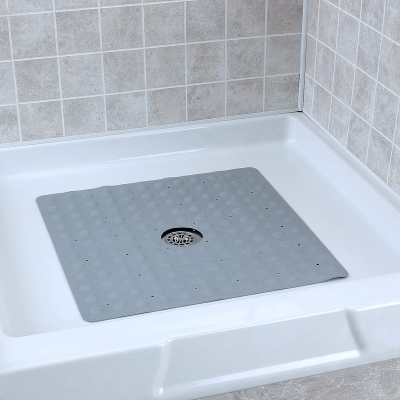 SlipX Solutions Gray Square Rubber Safety Shower Mat with Microban Protection, Reliable Slip-Resistance in Shower Stalls (21 Inch Sides, 140 Suction Cups)