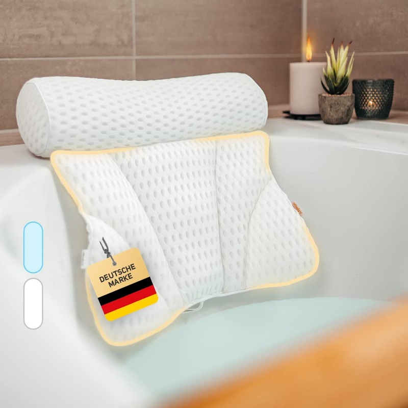 VYBELLE BATER WANNENISTIONS BUTMACTIVE 4D AIR Mesh Perfect ergonomic fit Bath pillow for relaxation of the neck and back – including extra carrying bag – Bath Tub Pillow designed in Germany