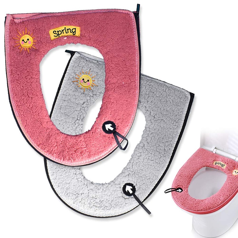 2PCS Warm Plush Toilet Seat Cover Pad with Handle and Zipper Washable and Reusable (Pink+Gray)