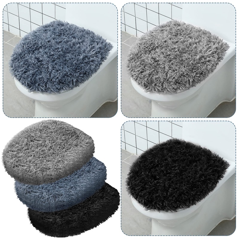 3 Pcs Toilet Lid Cover for Bathroom, Machine Washable, Plush Shag Seat Covers, Dries Quickly, Soft Fluffy Fabric 17.7 x 19.7 Fits Standard Toilet Lids, Elastic Bathroom Decor, 2 Gray, 1 Black