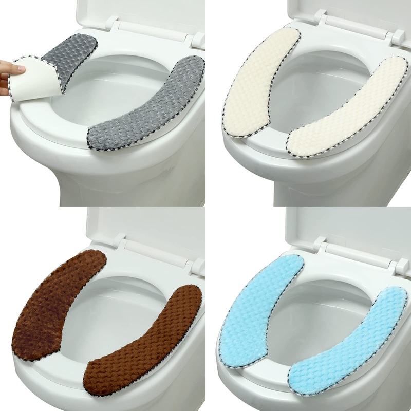 4 Pairs Washable Toilet Seat Covers Mat Thick Padded Warm Plush Toilet Seat Cushion with Self Adhesive Tape for Bathroom Non Slip Soft Toilet Cover Home Bathroom Supplies, Grey Brown White Blue
