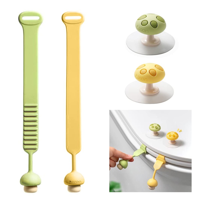 4 Pcs Toilet Seat Lifters Mushroom Handles Silicone Adjustable, Avoid Touching Toilet Seat Cover, Flexible Toilet Seat Cover Holder, Kids Toilet Seat Lifter (2 green and 2 yellow)