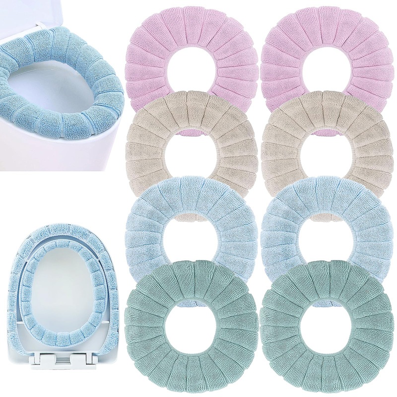 8 Pieces Bathroom Soft Toilet Seat Cover Pads Stretchable Washable Thicker Warmer Bathroom Toilet Seat Cushion Fits Oval Toilet Seats (Blue Pink Brown Green)