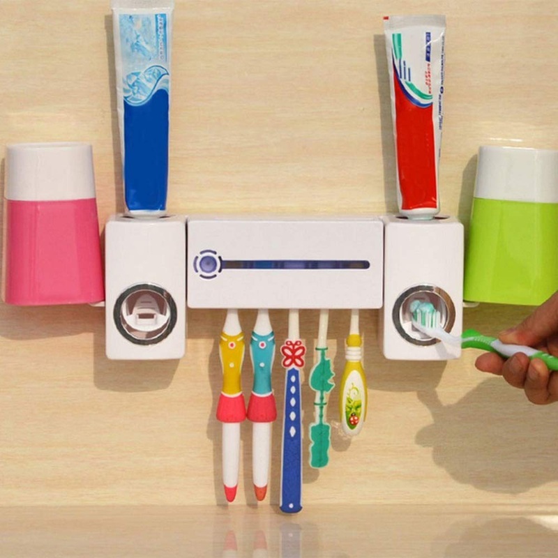 Qligha LED UV light toothbrush holder antibacteria toothbrush sterilizer toothbrush dispenser bathroom toothbrush cleaner with 2 cups