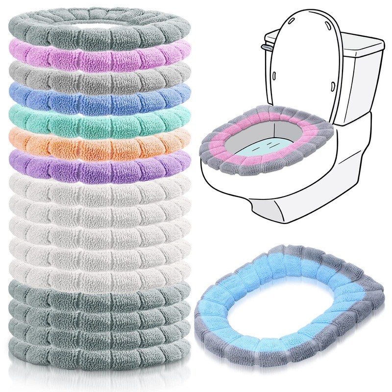 Reginary 16 Pcs Thicker Toilet Seat Cover Pads Bathroom Soft Toilet Seat Warmer Stretchable Washable Fibre Cloth Toilet Seat Cushion Cover Toilet Seat Cover, Easy Installation
