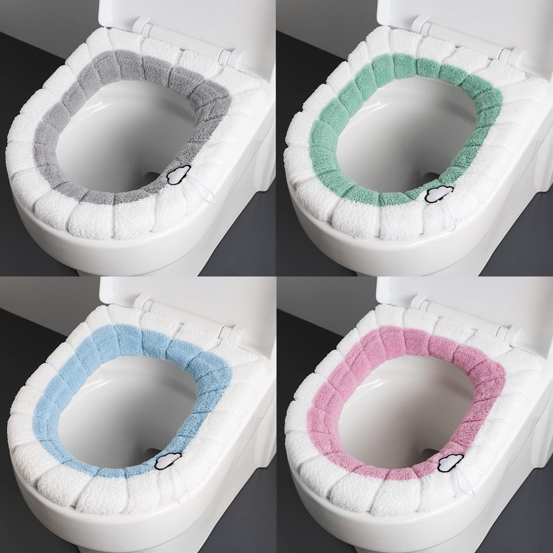 timecity 4PCS Warm Toilet Seat Covers Pads with Handle Bathroom Thicker Winter Toilet Seats Stretchable Elongated Toilet Cushioned Comfortable Washable Toilet Seat Pads Cloud-color