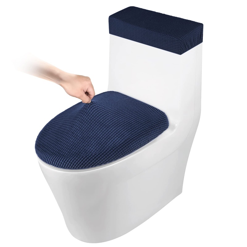 Toilet Lid Cover and Toilet Tank Cover Stretch Toilet Covers Set for Bathroom, Polyester Spandex Jacquard Fabric, Machine Washable, with Elastic Bottom, Navy Blue