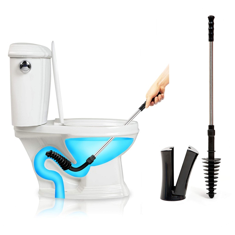 ToiletShroom Revolutionary Plunger, Squeegee, Clog Remover, Drain Cleaner, Bathroom Toilet Dredge Tool, Stainless Steel Handle with Caddy Holder, ne k, Black