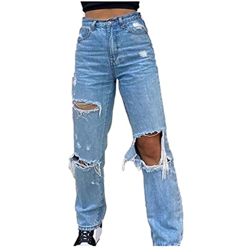 Uninevp Ripped Jeans for Teen Girls Baggy Hole Jeans Women High Waisted Wide Leg Straight Denim Streetwear Fashion Pants
