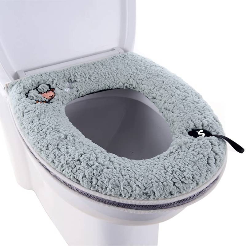 Warm Plush Washable Thicken Toilet Seat Cover Pads Mat with Handle and Zipper Green