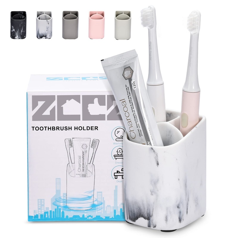 ZCCZ toothbrush holder for the bathroom – electrical toothbrushes and toothpaste holder – bathroom worktop cup organizer razor makeup brushes pencil holder – white marble pattern white marble look without removable tray