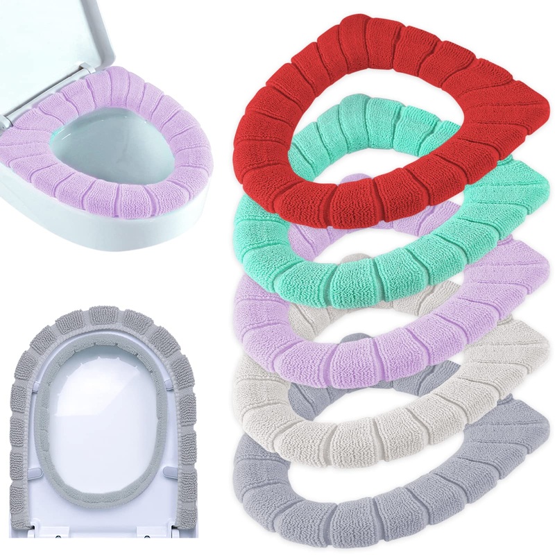 ZeeDix 5 Pcs Thicker Bathroom Soft Elongated Toilet Seat Cover Pad- Warmer Stretchable Toilet Seat Covers Washable Easy Installation Comfortable Cushioned Toilet Covers Elongated Style-a