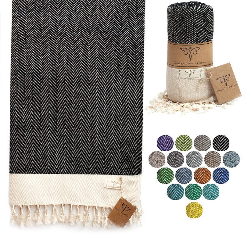 SMYRNA TURKISH COTTON Herringbone Series Beach Towel | 71 x 37 in 100% Cotton | Extra Large Wearable Turkish Bath Towel | Made in Turkey | Doesn’t Shrink | Premium Luxury – Black