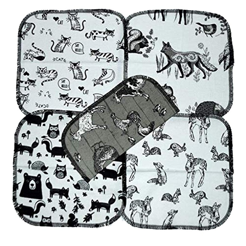 1 Ply Printed Flannel 8×8 Inches Little Wipes Set of 5 Black and White Animals