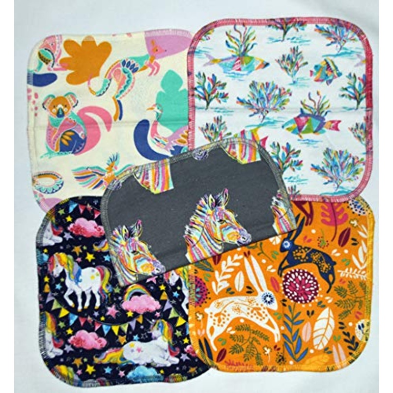 2 Ply Printed Flannel 8×8 Inches Set of 5 Little Wipes Whimsical Animals
