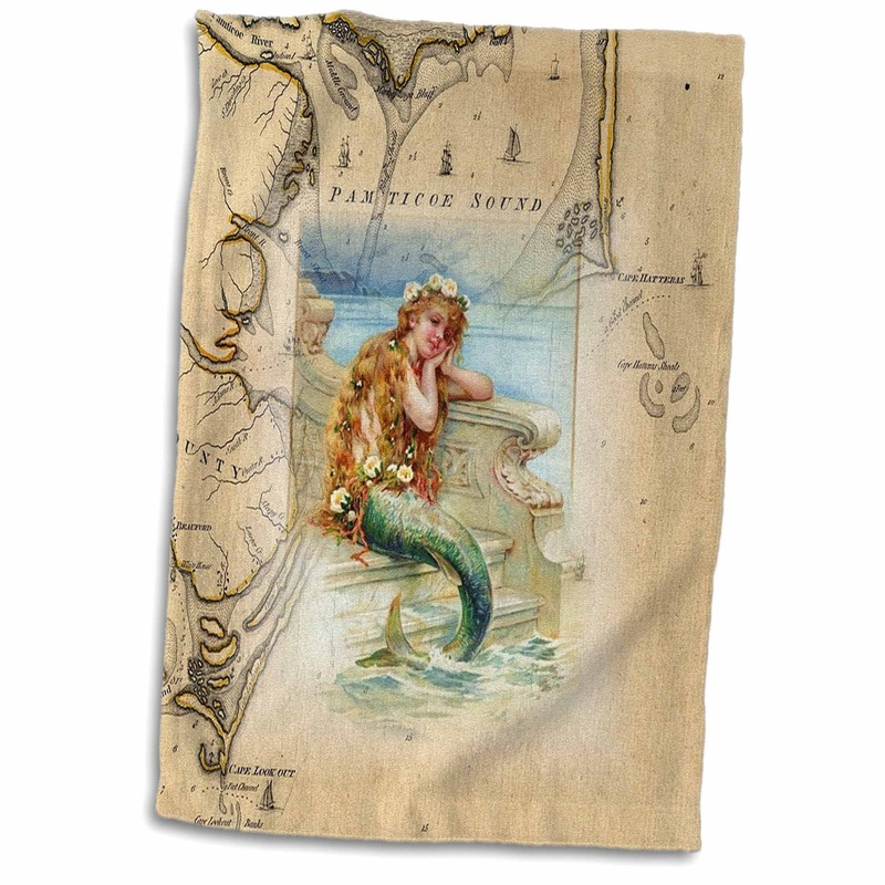 3D Rose Print of Vintage Map Outer Banks with Mermaid TWL_204851_1 Towel  15 x 22