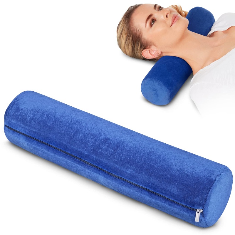 Round Cervical Roll Cylinder Bolster Pillow, Memory Foam Removable Washable Cover, Ergonomically Designed for Head, Neck, Back, and Legs || Ideal for Spine and Neck Support During Sleep Blue