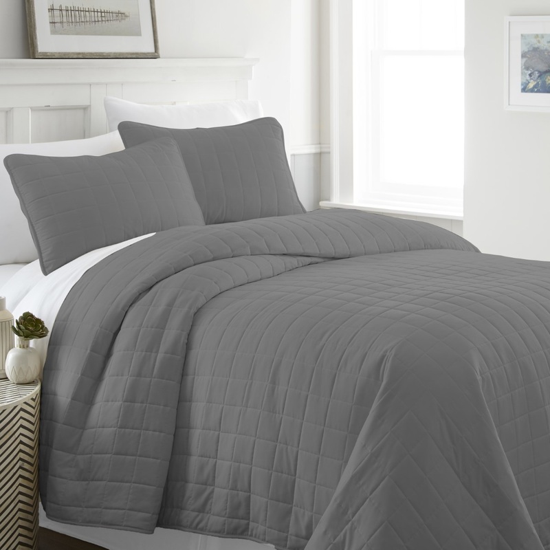 Quilted Coverlet Sets – Gray, King, 3 Piece