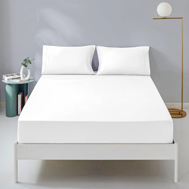 Queen Fitted Sheet Only – Premium 1800 Microfibre Fitted Sheet Deep Pocket Up to 16″ – Ultra Soft Fitted Bottom Sheet Shrinkage and Fade Resistant (Queen, White)