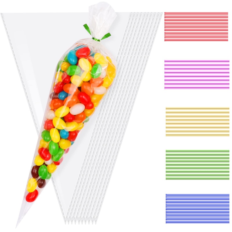100 Pcs Clear Cone Bags Sweets Cellophane Treat Bag for Baking Candy Cookie Displaying Wrapping Halloween Triangle Goody Bags OPP Treat Bags Sweet Party Gift Bags (13×25)