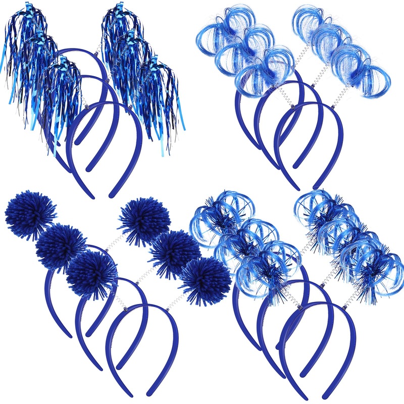 12 Pcs Pom Pom Headband 4th of July Patriotic Party Headbands Feathers Ponytails Tinsel Wrapped Headbopper for Women Girl Boy (Blue)
