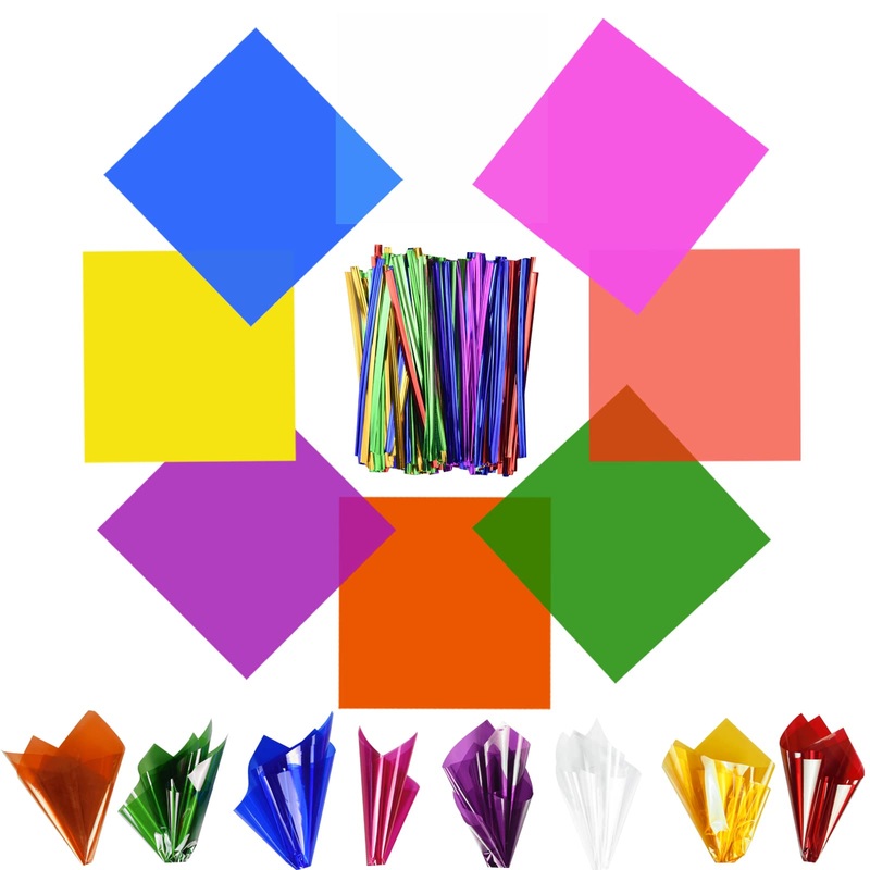 160 Pcs 8 Colors Cellophane Sheets 7.5×7.5 Inch Transparency Colored Celofan Wrap Paper Colorful Clear Cello Squares for DIY Arts Craft Food Party Halloween Christmas Cookies Candy Treats Flower Basket