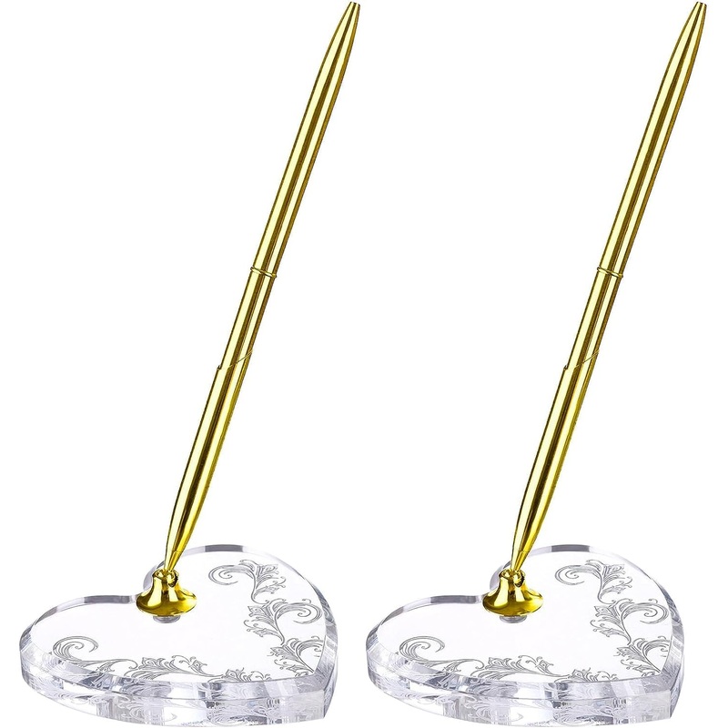 2 Sets Acrylic Heart Pen Holder With Ink Pens Signing Pen Set Guest Book Accessories For Wedding Bridal Engagement Favors Opening Ceremony Graduation Parties Office Transparent Pen Display Stand