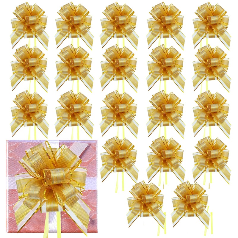 20 Pieces Gift Wrap Ribbons Pull Bow Present Bow Ribbon Present Wrapping Bow for Present Wedding Baskets Floral Decor Christmas Decor 6 Inches Diameter (Gold)