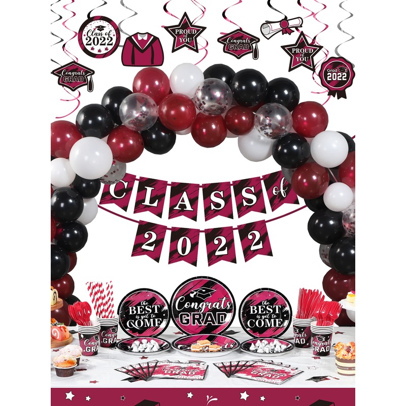 294 Pieces Graduation Party Supplies Set, Class of 2022 Graduation Decorations, Including Graduate Tableware Paper Plates Napkins Cups Plastic Tablecloth Banner Balloons Hanging Swirls (Maroon)