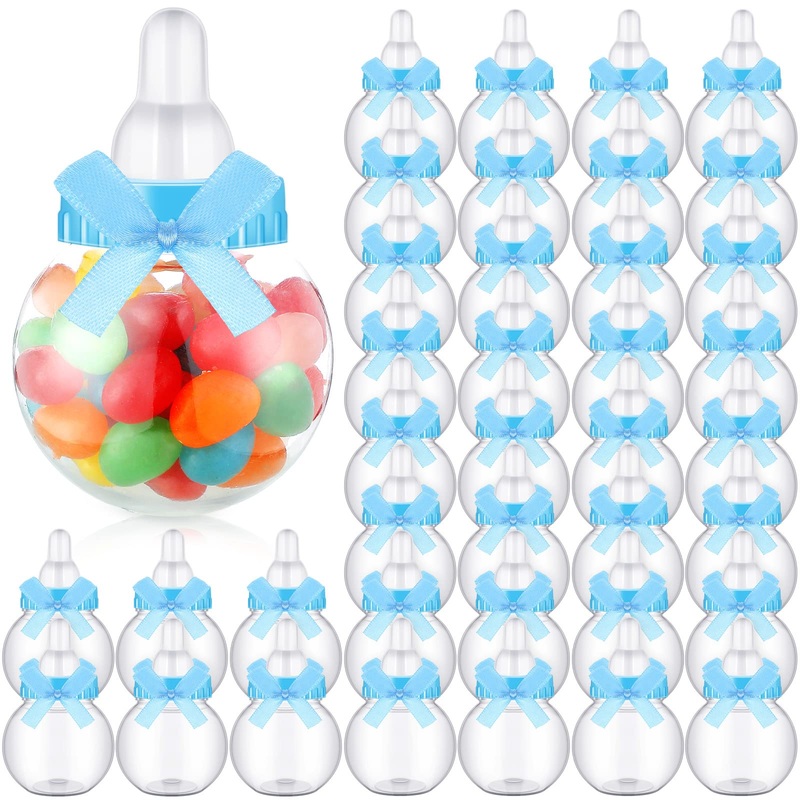48 Pcs Mini Baby Bottles for Baby Shower Favors Bulk  Baby Candy Bottle Clear Plastic Milk Bottle with Bow Knots for Newborn Baby Baptism Party  Baby Shower Party Decor (Blue)