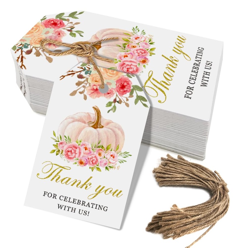 50 Pcs Pumpkin Gift Tags Fall Theme Pumpkin Gift Tags with String Thank You for Celebrating with Us Tags for Wedding Baby Shower Gender Reveal Birthday Party Decoration Supplies (Pink)
