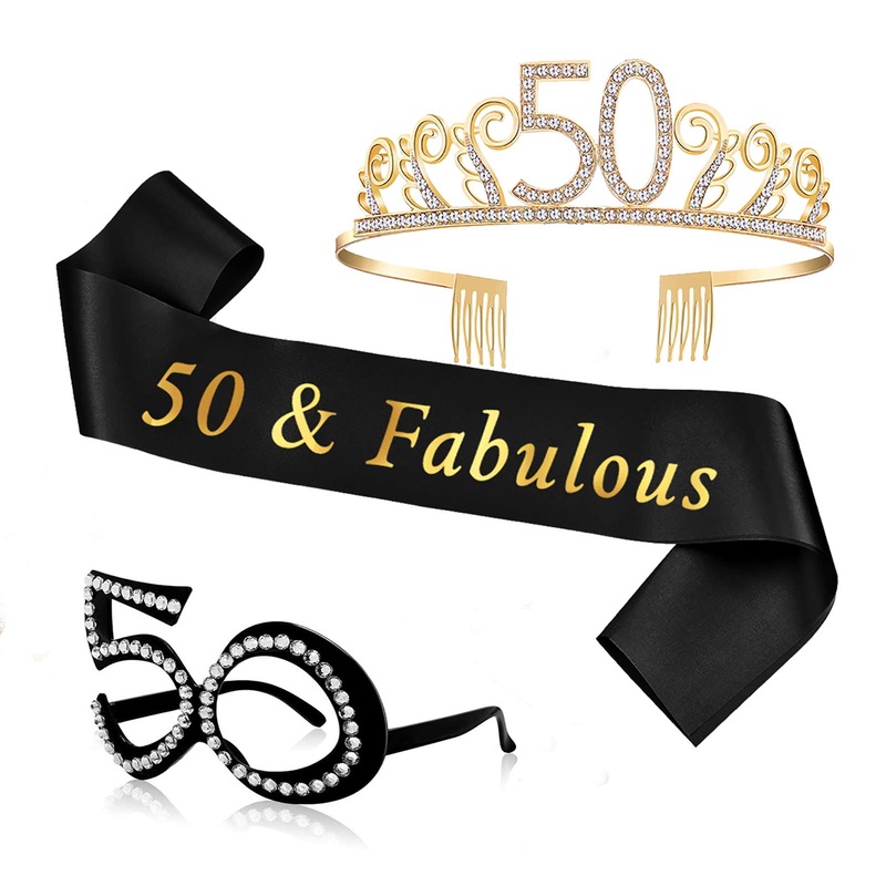 50th Birthday Gift for Women, 50th Birthday Tiara, Sash and Glasses Set for 50 Years Old Birthday Party Decoration and Supplies with Gift Box, 3 PCS