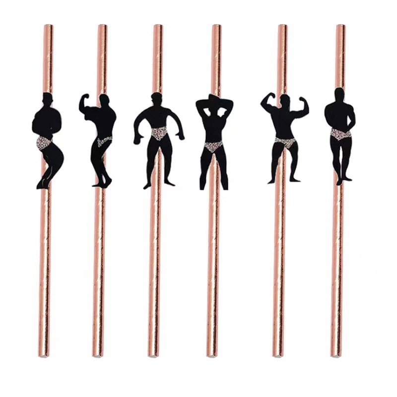 6X Men Party Decorations Rose-Gold Straws Muscle-Man Confetti-Straws Glitter Bachelorette-Party Straw Paper Dancer Straw Glitter Straws Reusable