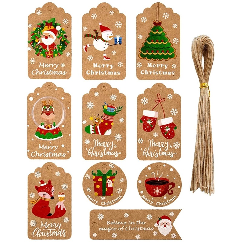 Aruiteng Christmas Gift Tags 50Pcs 10 Styles Brown Kraft Paper Gift Tags Small Xmas Present Labels Hanging Tags for DIY Christmas Wrapping Paper and Present Craft Decoration AruitengTR057