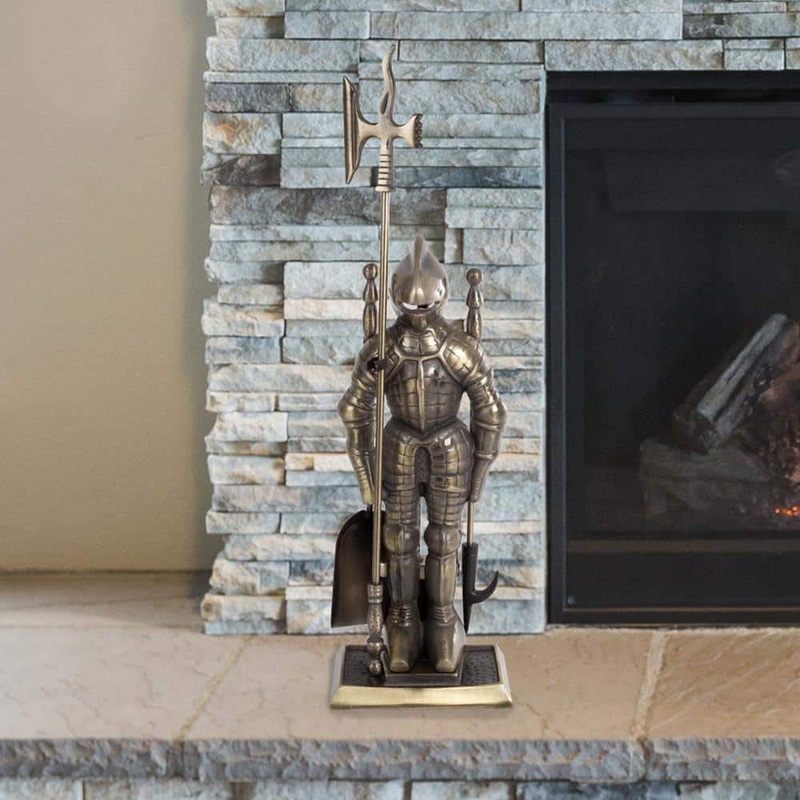 Lavish Home 3-Piece Fireplace Tool Set and Medieval Knight Stand with Decorative Axe (Antique Brass) 979483VIG