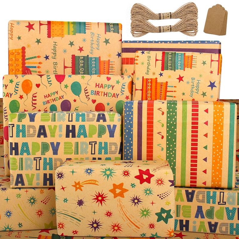 Wrapping Paper Sheets-Birthday Wrapping Paper for Women Men Girls Boys Female Male-Kraft Recycled Gift Wrapping Paper Set Birthday Gift Wrap Paper and Tags and String for Present Wrapping Paper-Eco Wrapping Paper Birthday Paper Wrapping Birthday Wrap Pape