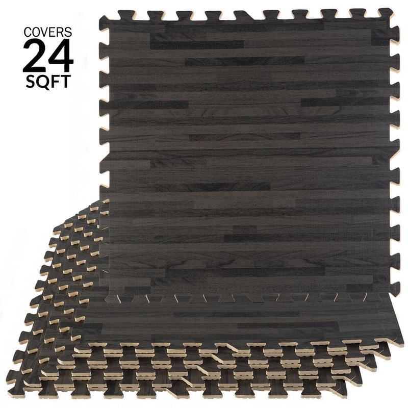 Stalwart Black Woodgrain 24 in. W x 24 in. L x 0.375 in H – Gym Interlocking Foam Floor Tiles (6 Tiles/Pack) (Covers 24 sq. ft.) 75-6405