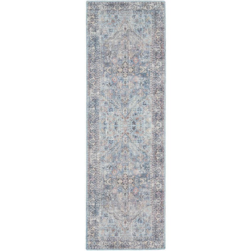 57 GRAND BY NICOLE CURTIS 57 Grand Machine Washable Light Grey/Blue 2 ft. x 6 ft. Bordered Traditional Kitchen Runner Area Rug 872296