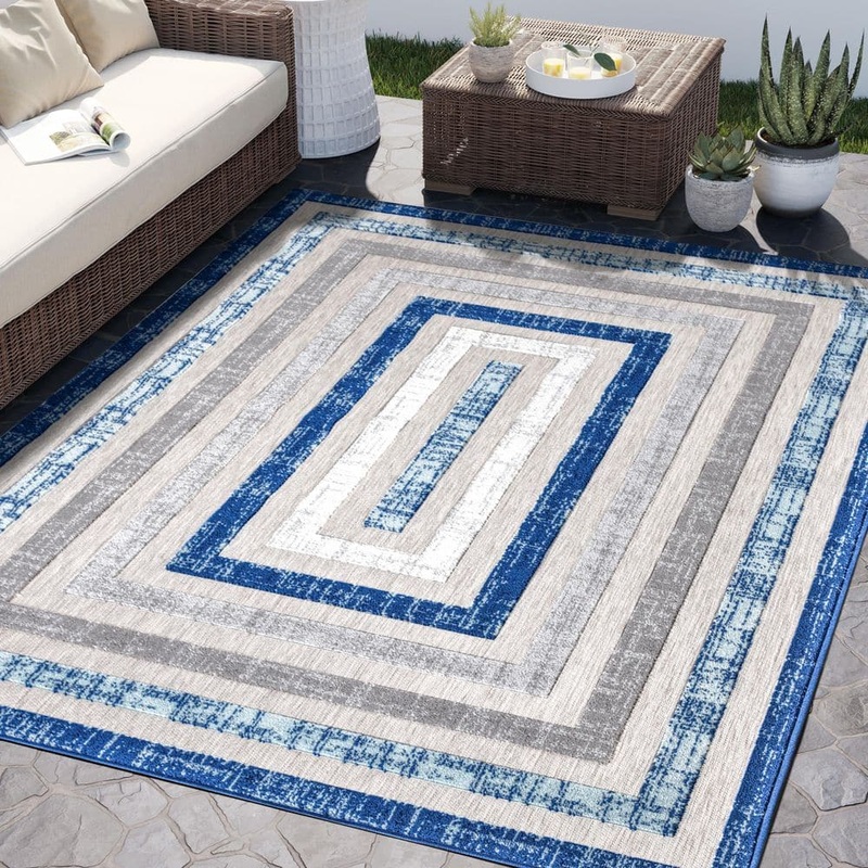 Abani Hampton HAM240A Blue Grey Multi Rectangle 7 ft. 9 in. x 10 ft. 2 in. Indoor/Outdoor Area Rug HAM240A-8