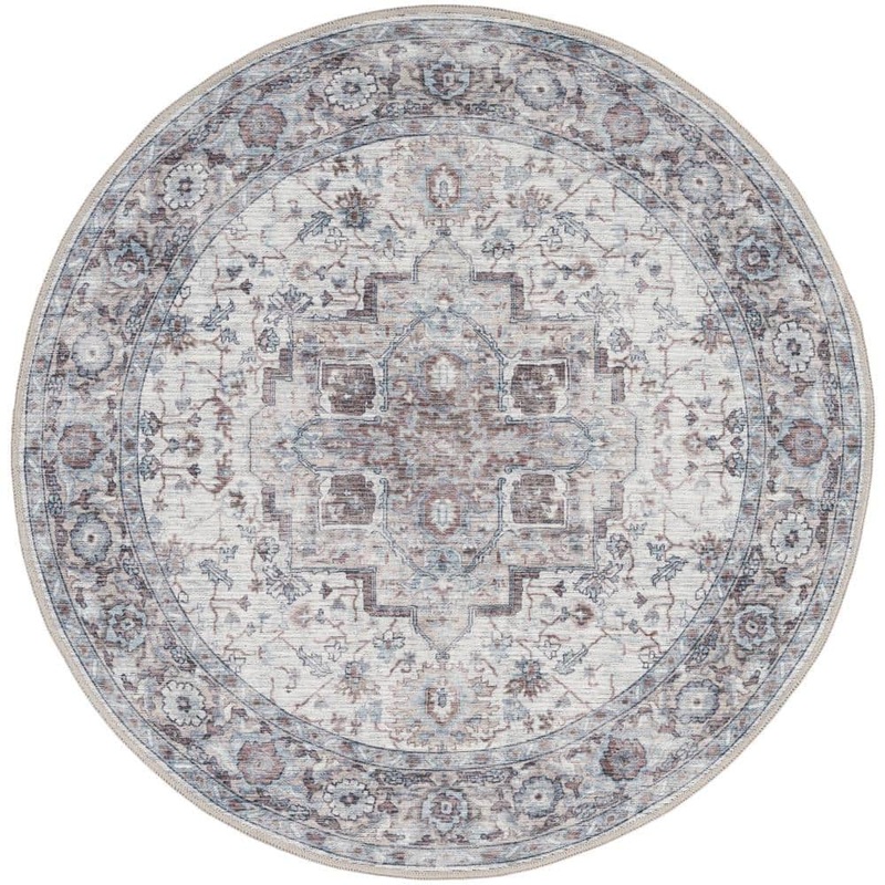 Unbranded Machine Washable Series 1 Ivory Beige 4 ft. x 4 ft. Distressed Traditional Round Area Rug 975027