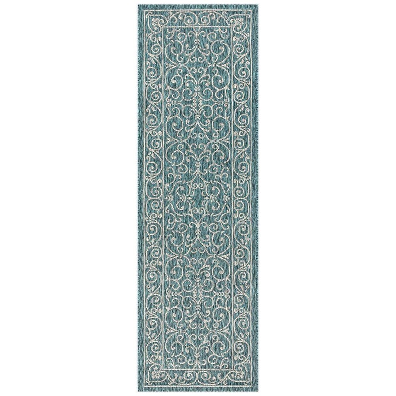 Unbranded Teal Polypropylene 2 ft. x 10 ft. Floral Indoor Runner Rug A46A1-rug-1120