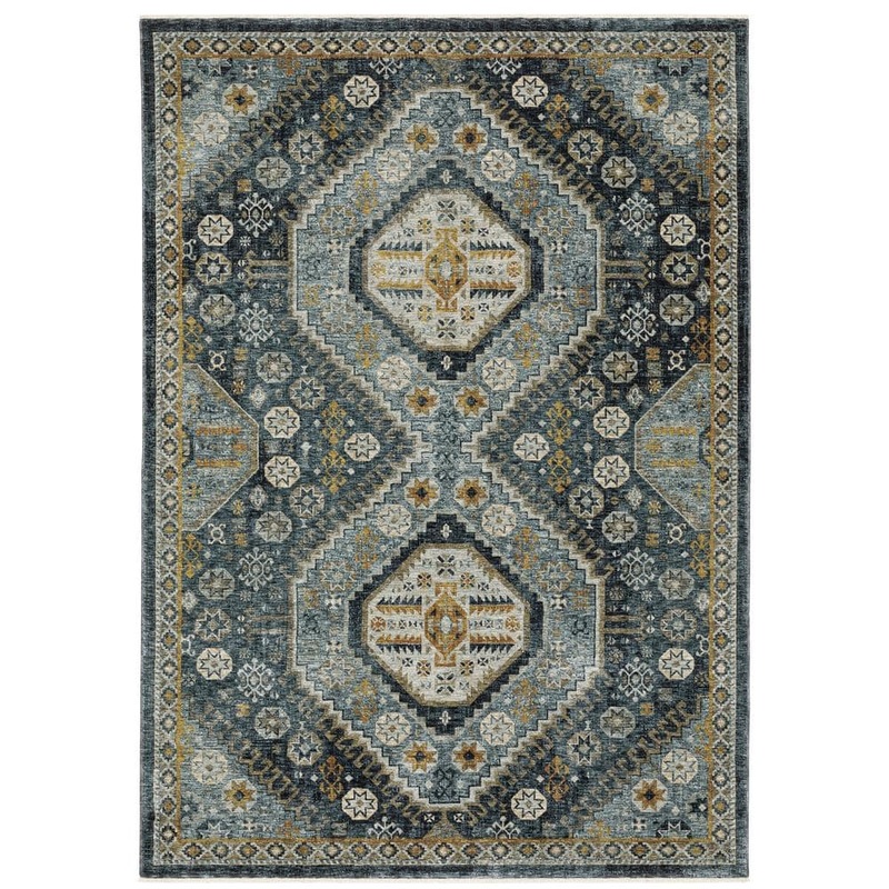 AVERLEY HOME Ambrose Blue/Gold 7 ft. x 10 ft. Oriental Tribal Medallion Polyester Fringe Edge Indoor Area Rug 705196