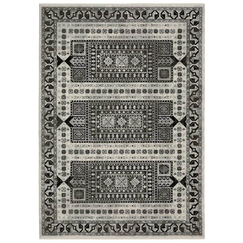 AVERLEY HOME Channing Ivory/Charcoal 10 ft. x 13 ft. Tribal Geometric Medallion Polyester Fringe Edge Indoor Area Rug 735841