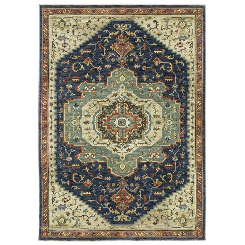 AVERLEY HOME Fleetwood Blue/Beige 8 ft. x 11 ft. Center Oriental Medallion Polypropylene Fringe Edge Indoor Area Rug 715034